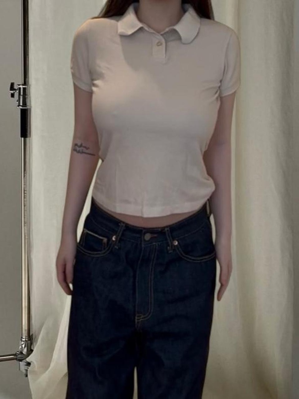 NA-KD Cream Collared Polo Top with Button Detail
